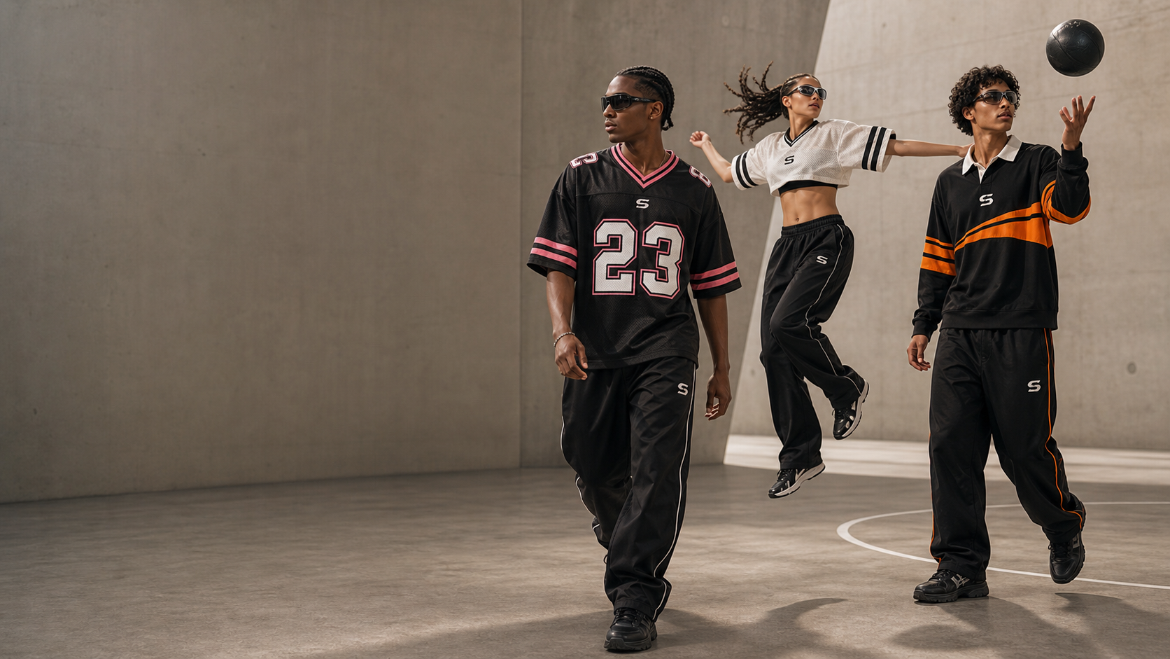 Models wearing Gaisen athletic pieces in a concrete studio